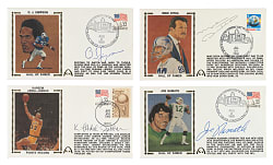 1985 to 1990 Basketball and Football Hall of Fame Signed First-Day Cover Collection (8) Including Joe Namath, Joe Montana, and Kareem Abdul-Jabbar