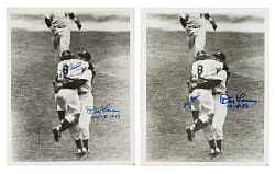 Yogi Berra and Don Larsen Dual-Signed Photograph Pair with Perfect Game Date Inscription