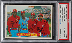 Signed 1984 Donruss #625 Running Redbirds with Ozzie Smith, David Green, Willie McGee, and Lonnie Smith PSA Authentic
