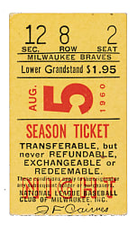 August 5th, 1960 Milwaukee Braves (vs. Chicago Cubs) Ticket Stub - Hank Aaron Career Home Run #209