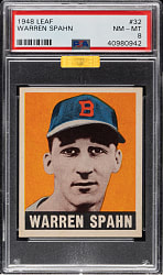 Lot # 7: 1948-1949 Leaf #32 Warren Spahn Rookie PSA NM-MT 8 (MBA Gold Diamond)