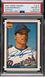Signed 1991 Topps Traded Tiffany #101T Ivan Rodriguez Rookie PSA NM-MT 8 with MINT 9 Signature