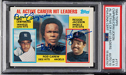 Signed 1984 Topps #711 Bert Campaneris/Rod Carew/Reggie Jackson PSA EX 5 with GEM MINT 10 Signatures