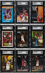 1990 to 1997 Fleer, Skybox, and NBA Hoops Basketball Michael Jordan SGC MINT 9 Collection (9)