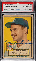 Signed 1952 Topps #168 Charlie Silvera PSA Authentic - "Canadian" Gray Back