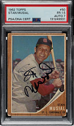 Signed 1962 Topps #50 Stan Musial PSA FAIR 1.5 with NM 7 Signature