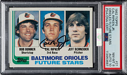Signed 1982 Topps #21 Cal Ripken Jr. Rookie PSA NM-MT 8 with GEM MINT 10 Signature (MBA Silver Diamond)