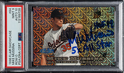 Signed 1998 Flair Showcase Row 3 #84 Mike Mussina #342/1,000 PSA MINT 9 with GEM MINT 10 Signature