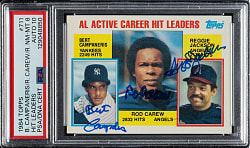 Signed 1984 Topps #711 Bert Campaneris/RodCarew/Reggie Jackson PSA NM-MT 8 with GEM MINT 10 Signatures