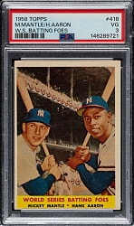 1958 Topps #418 World Series Batting Foes with Mickey Mantle and Hank Aaron PSA VG 3
