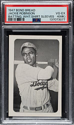 Lot # 28: Circa 1947 Bond Bread Jackie Robinson Bat Follow, White Sleeves PSA VG-EX 4 (MK)