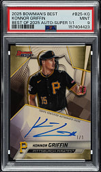 Lot # 13: 2025 Bowman's Best Best of 2025 Autographs #B25-KG Konnor Griffin Superfractor #1/1 PSA MINT 9