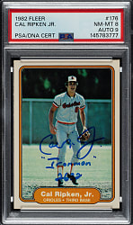 Signed 1982 Fleer #176 Cal Ripken Jr. Rookie PSA NM-MT 8 with MINT 9 Signature