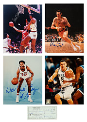 Basketball Hall of Famers and Stars Signed Photograph and Check Collection (8) Including Kareem Abdul-Jabbar