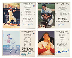 Signed Hall of Fame Induction Photo Cards Collection (14) Including Berra, Musial, and Ryan