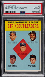 1963 Topps #9 N.L. Strikeout Leaders with Koufax, Gibson, and Drysdale PSA NM-MT 8