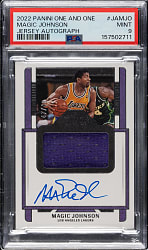 2022-2023 Panini One and One Jersey Autographs Basketball #JA-MJO Magic Johnson #47/49 PSA MINT 9