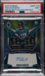 2025 Panini Phoenix Football RPS Dual Rookie Patch Autographs #DRP-THR Travis Hunter Colorburst #13/25 PSA MINT 9
