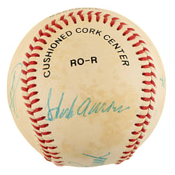 Hall of Fame Multi-Signed Baseball with Hank Aaron, Johnny Bench, and Ernie Banks