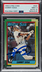 Signed 1990 O-Pee-Chee #692 Sammy Sosa Rookie PSA MINT 9 with GEM MINT 10 Signature