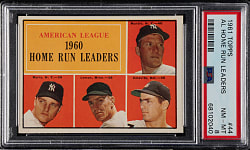 1961 Topps #44 AL Home Run Leaders with Mickey Mantle and Roger Maris PSA NM-MT 8