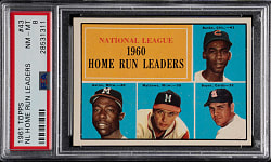 1961 Topps #43 NL Home Run Leaders with Hank Aaron, Ernie Banks, and Ed Mathews PSA NM-MT 8