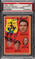 Signed 1962 Topps #59 AL Strikeout Leaders with Camilo Pascual, Jim Bunning, and Whitey Ford - PSA/DNA