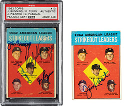 1963 Topps #10 AL Strikeout Leaders Single- and Multi-Signed Pair with Jim Kaat and Jim Bunning - PSA/DNA and JSA