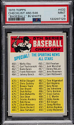 1970 Topps #432 Checklist PSA MINT 9 - Highest Graded!