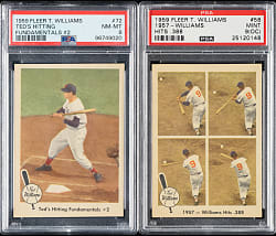 1959 Fleer Ted Williams #58 "1957 - Williams Hits .388" and #72 "Ted's Hitting Fundamentals #2" PSA-Graded Pair