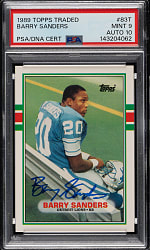 Signed 1989 Topps Traded Football #83T Barry Sanders Rookie PSA MINT 9 with GEM MINT 10 Signature