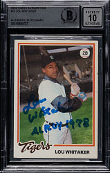 Signed 1978 Topps Burger King #13 Lou Whitaker Rookie Beckett GEM MINT 10 - "AL ROY 1978" Inscription