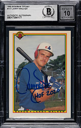 Signed 1990 Bowman Tiffany #117 Larry Walker Rookie Beckett GEM MINT 10 - "HOF 2020" Inscription