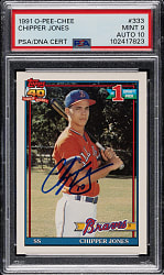 Signed 1991 O-Pee-Chee #333 Chipper Jones Rookie PSA MINT 9 with GEM MINT 10 Signature