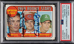 Signed 1969 Topps #597 Rollie Fingers Rookie PSA/DNA NM-MT 8 - Signed by All Three Players!