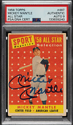 Signed 1958 Topps #487 Mickey Mantle All-Star PSA/DNA MINT 9 Plus Full JSA LOA