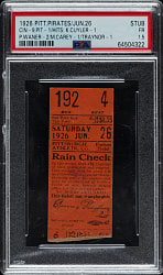June 26, 1926 Pittsburgh Pirates (vs. Cincinnati Reds) Ticket Stub PSA FAIR 1.5 - Waner, Carey, and Traynor Hits - 1 of 1 - Highest Graded!