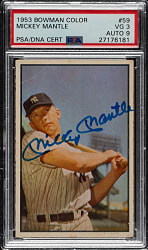 Signed 1953 Bowman Color #59 Mickey Mantle PSA VG 3 with MINT 9 Signature
