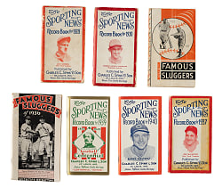 1928 to 1940 The Sporting News Record Book and Hillerich & Bradsby Famous Sluggers Book Collection (7) Including Gehrig, Foxx, and Ott on Covers