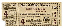 1933 Washington Senators (vs. New York Giants) World Series Game 4 Ticket Stub