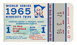 1965 Minnesota Twins (vs. Los Angeles Dodgers) World Series Game 1 Ticket Stub - Sandy Koufax Sits Out for Yom Kippur