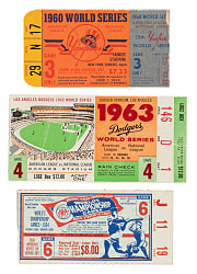 1960 to 1964 World Series Ticket Stub Trio - Mickey Mantle Home Runs and Sandy Koufax Win
