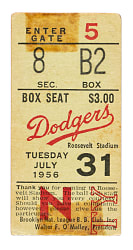 July 31, 1956 Brooklyn Dodgers (vs. Milwaukee Braves) Ticket Stub - Game Played In Jersey City and Jackie Robinson Walk-Off