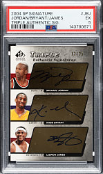 2004-2005 Upper Deck SP Signature Triple Authentic Signatures Basketball #AS3-JBJ Michael Jordan/Kobe Bryant/LeBron James #12/25 PSA EX 5