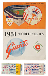 1951 New York Yankees vs. New York Giants World Series Program and Game 1 and 2 Ticket Stub Trio - Mickey Mantle and Willie Mays World Series Debut