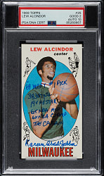Signed 1969-1970 Topps Basketball #25 Kareem Abdul-Jabbar Rookie with Multiple Inscriptions PSA GOOD 2 with GEM MINT 10 Signature