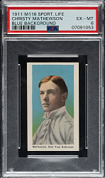 1910-1911 M116 Sporting Life Christy Mathewson Blue Background PSA EX-MT 6