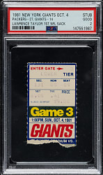 October 4, 1981 New York Giants (vs. Green Bay Packers) Ticket Stub PSA GOOD 2 - Lawrence Taylor First NFL Sack - 1 of 1 - Highest Graded!