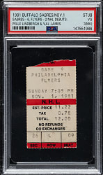 November 1, 1981 Buffalo Sabres (vs. Philadelphia Flyers) Ticket Stub PSA VG 3 (MK) - Pelle Lindbergh and Val James NHL Debuts
