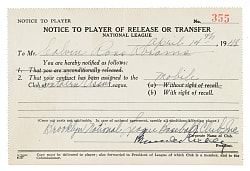 1948 Cal Abrams Brooklyn Dodgers Player-Transfer Notice Signed by Branch Rickey